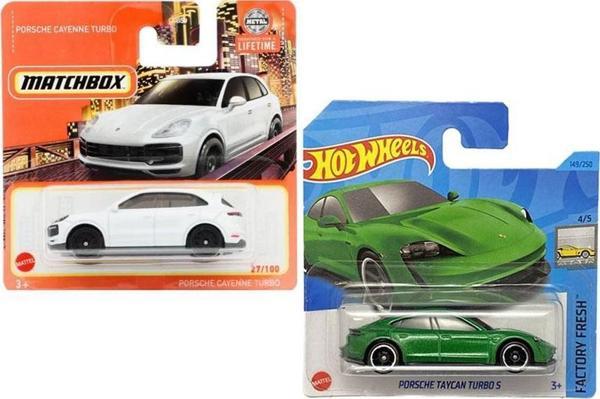 2 Araç Porsche Set - Hot Wheels Taycan Turbo S & Matchbox Cayenne Turbo (1/64)  - Image 1