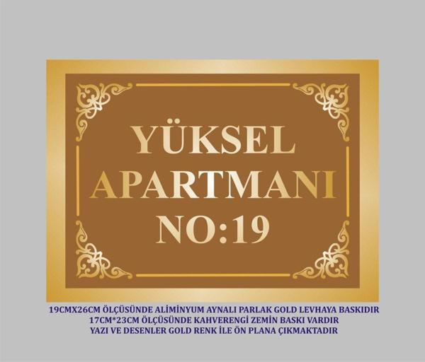 yüksel34 Apartman Kapı İsimliği Aynalı Gold Levhaya Kahverengi Zeminli 19X26Cm Ölçüsünde - Image 1