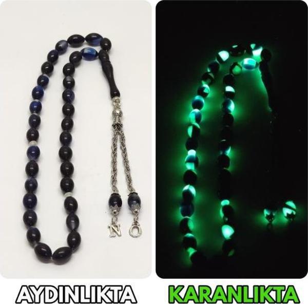 Tesbih Sakarya Harfli Parçalı Fosforlu Kedigözü Lacivert  Arpa Kesim Tesbih - Image 1