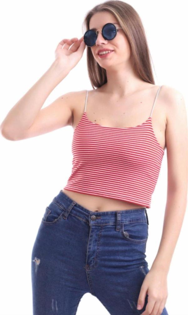 As Collection Kırmızı İp Askılı Çizgili Kadın Crop Atlet - Image 1