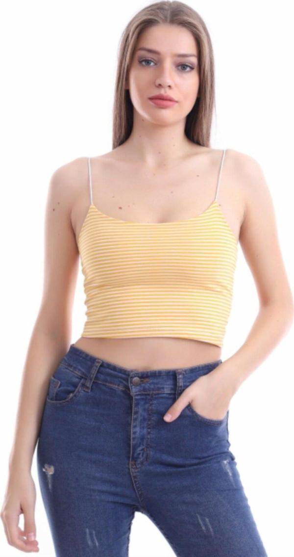 As Collection Sarı İp Askılı Çizgili Kadın Crop Atlet - Image 1