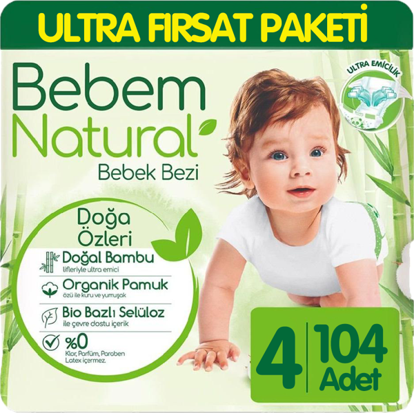 Bebem Natural Bebek Bezi Ultra Fırsat Paketi 4 Beden 104 Adet - Image 1