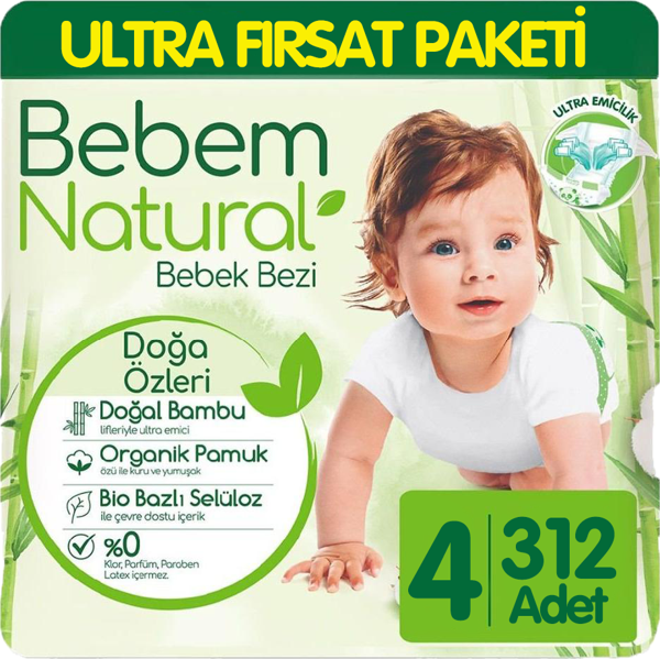 Bebem Natural Bebek Bezi Ultra Fırsat Paketi 4 Beden 104x3 312 Adet - Image 1