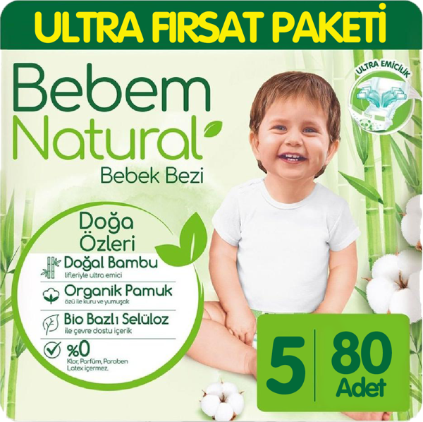 Bebem Natural Bebek Bezi Ultra Fırsat Paketi 5 Beden 80 Adet - Image 1