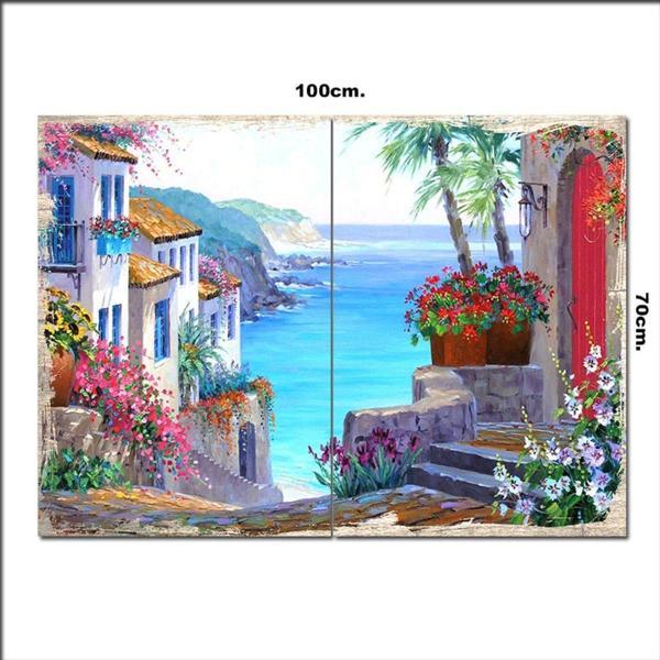 Bedeko Ahşap Tablo Çiçekli Sokak Ve Deniz 70*100Cm - Image 1