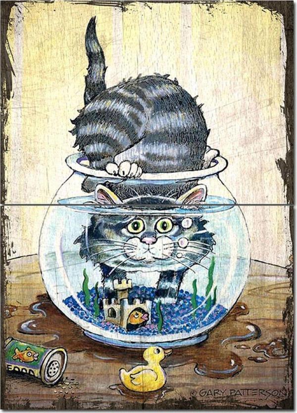 Bedeko Ahşap Tablo Akvaryumdaki Kedi Mdf Poster - Image 1