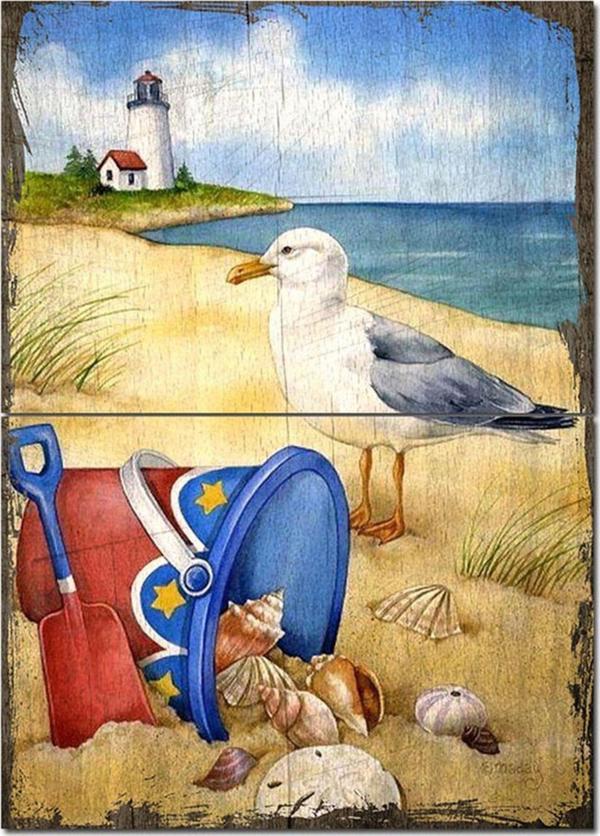 Bedeko Ahşap Tablo Deniz Kabuğu Martı Fener Art Mdf Poster - Image 1