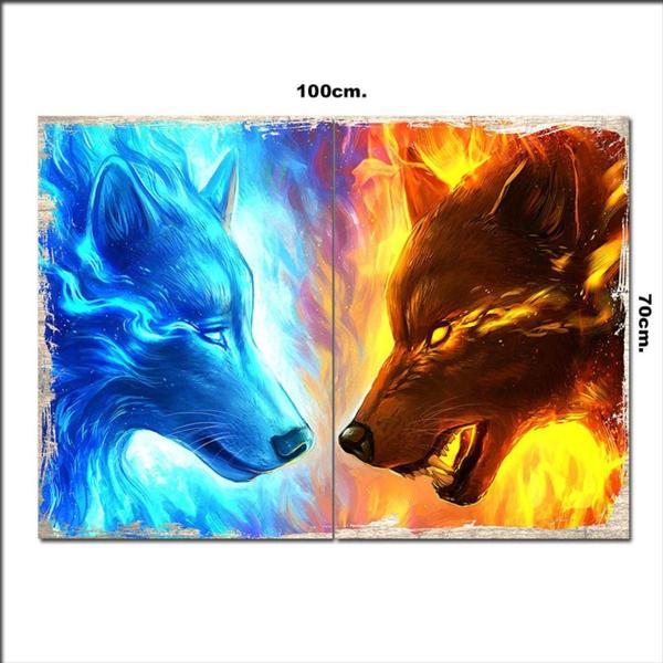 Bedeko Ahşap Tablo Buz Ve Alevli Kurtlar 70*100Cm - Image 1