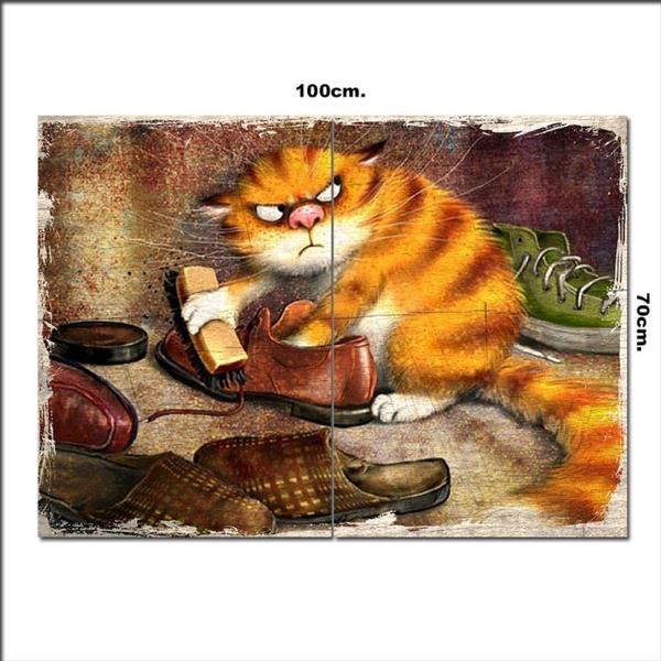Bedeko Ahşap Tablo Ayakkabı Boyacı Kedi Baskılı 70*100Cm - Image 1