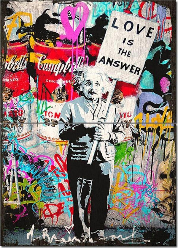 Bedeko Ahşap Tablo Eski Einstein Sevgi Cevaptır Pankartı Görseli Modern Ahşap Tablo - Image 1
