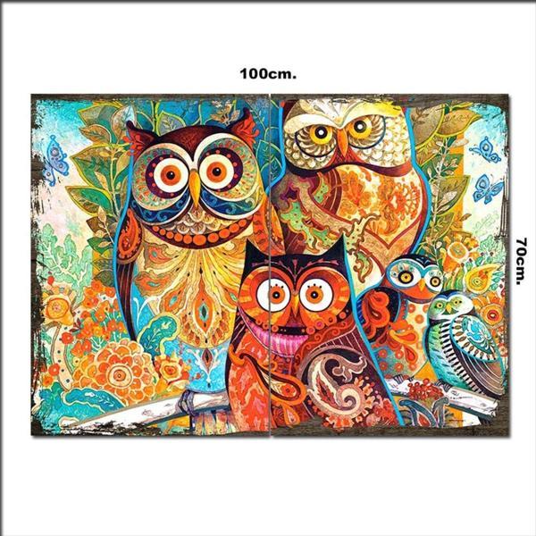 Bedeko Ahşap Tablo Çiçekli Baykuşlar 70*100Cm - Image 1