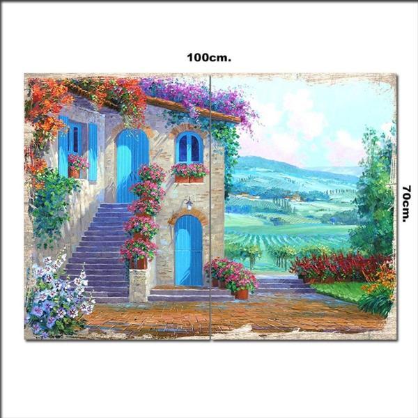 Bedeko Ahşap Tablo Çiçekli Ev Ve Asma Bahçesi 70*100Cm - Image 1