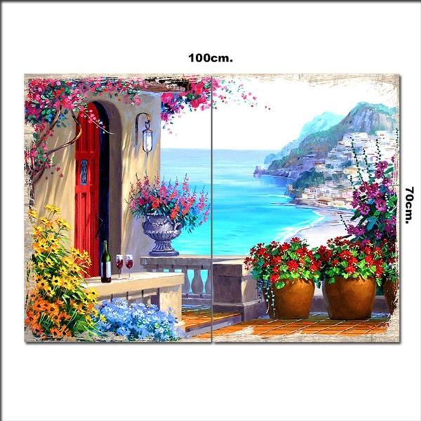 Bedeko Ahşap Tablo Çiçekli Ev Ve Deniz 70*100Cm - Image 1