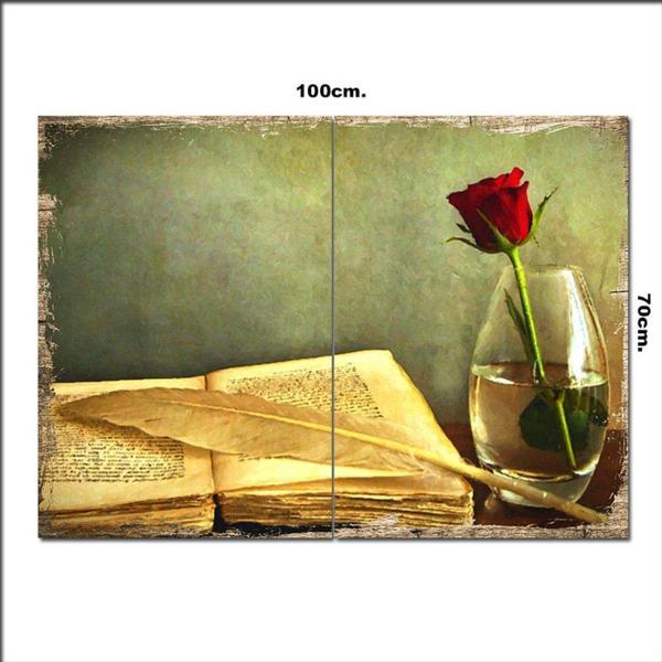 Bedeko Ahşap Tablo Eski Kitap Ve Gül 70*100Cm - Image 1