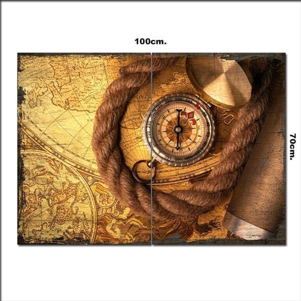 Bedeko Ahşap Tablo Harita Pusula İp Dürbün Desenli 70*100Cm - Image 1