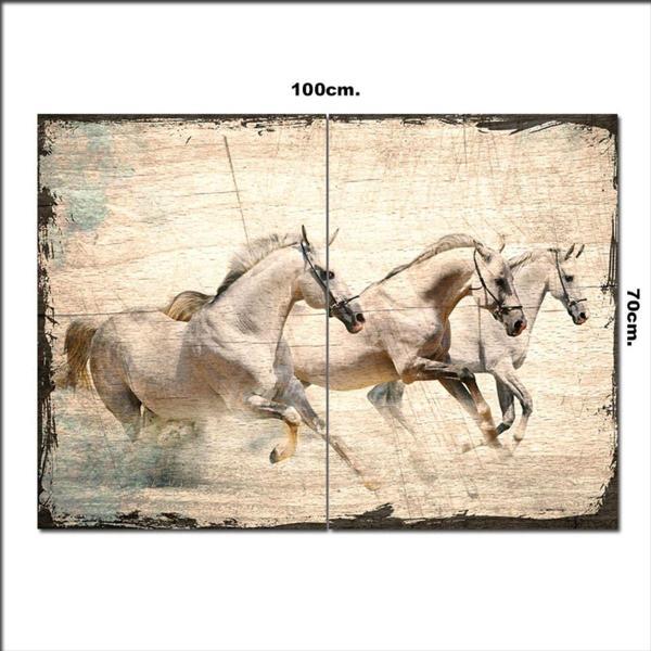 Bedeko Ahşap Tablo Koşan Beyaz Atlar Desenli 70*100Cm - Image 1
