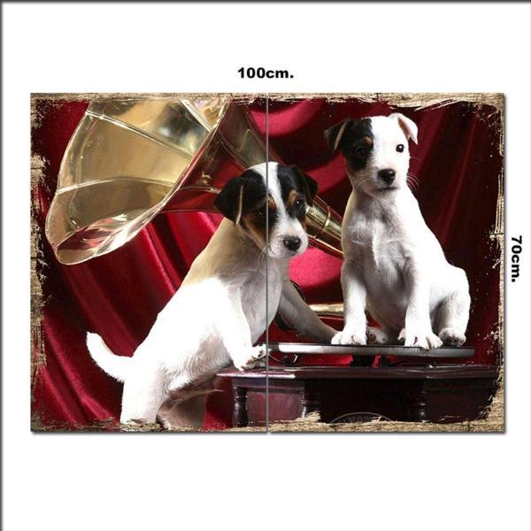 Bedeko Ahşap Tablo Pilak Çalar Ve Sevimli Köpekler 70*100Cm - Image 1