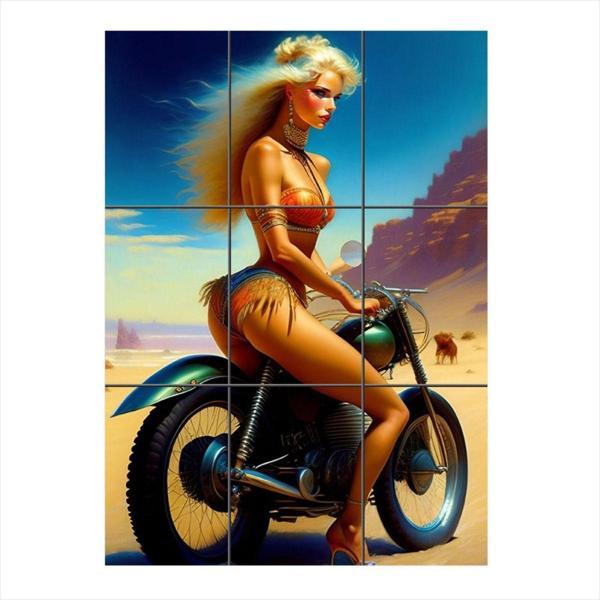 Bedeko Motosikletli Güzel Kadın Temalı 9 Parça Puzzle Tablo - Image 1