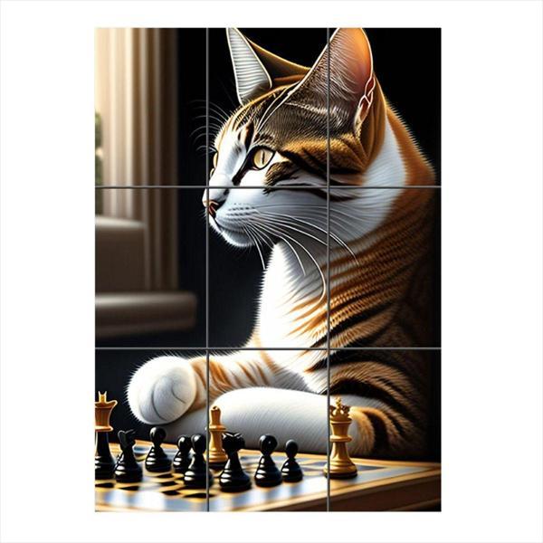 Bedeko Satranç Oynayan Kedi Tasarım 9 Parça Puzzle Tablo - Image 1
