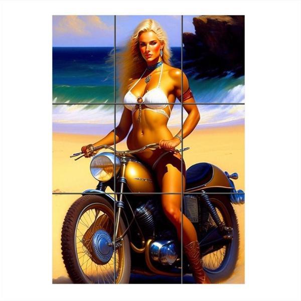 Bedeko Plajda Motosikletli Kadın 9 Parça Puzzle Tablo - Image 1