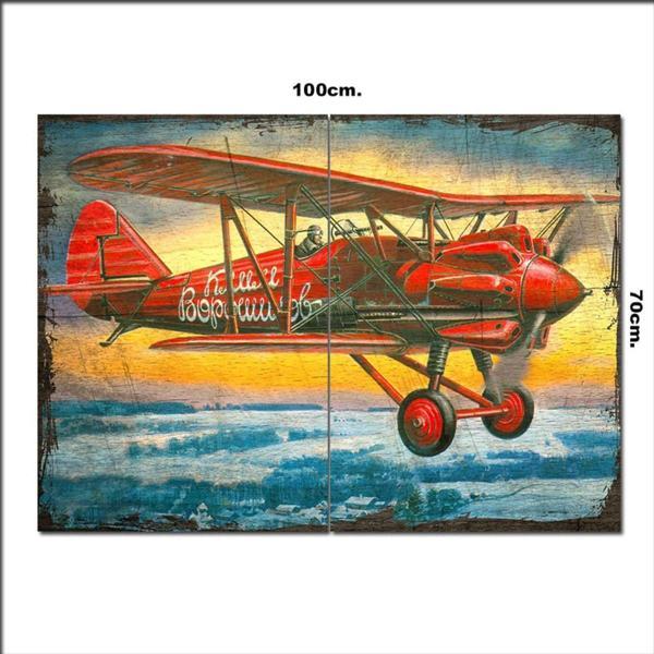 Bedeko Ahşap Tablo Tek Motor Çift Kanat Uçak Baskılı 70*100Cm - Image 1