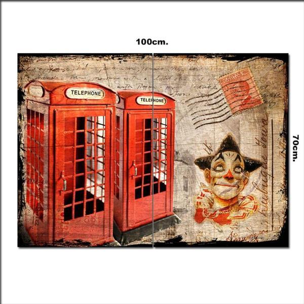 Bedeko Ahşap Tablo Telefon Kulubeleri Ve Palyaço Baskılı 70*100Cm - Image 1