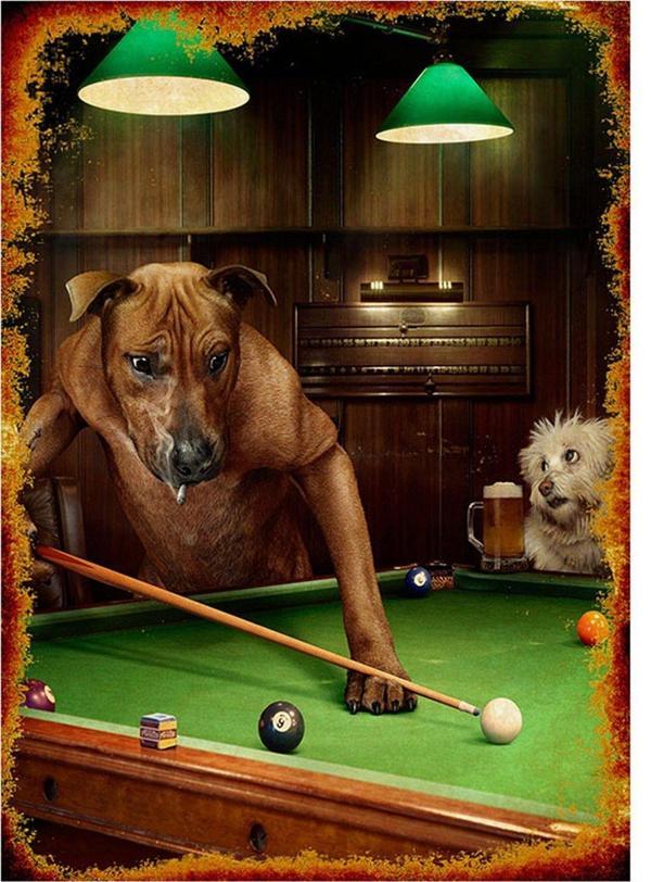 Bedeko Bilardo Oynayan Köpekler Desenli Ahşap Tablo - Image 1