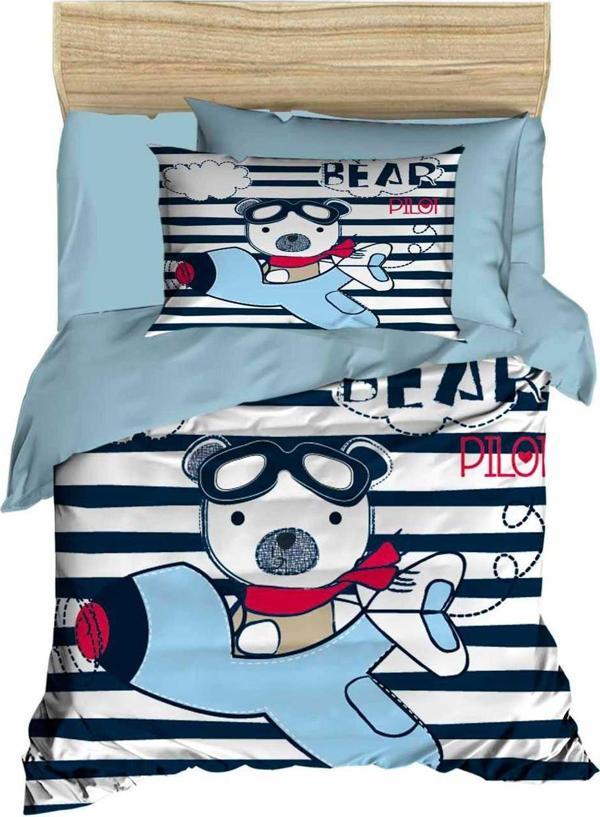 Yenidoğan Erkek Bebek Nevresim Takımı %100 Pamuklu Bear Pilot - Image 1