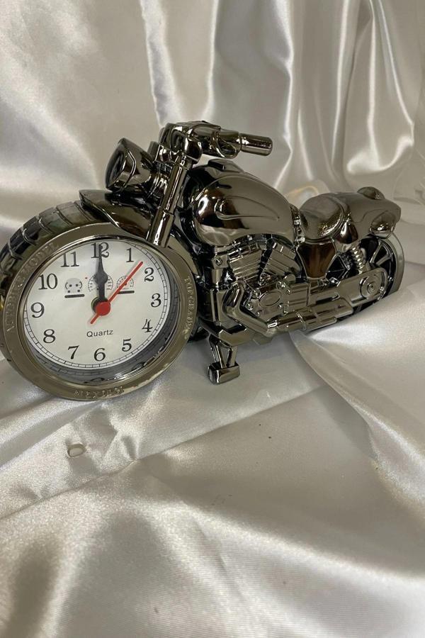 Motor Metal Saat El Yapımı Biblo Kalemlik Motosiklet Yarış Motoru Plastik Pilli Alarmlı - Image 1