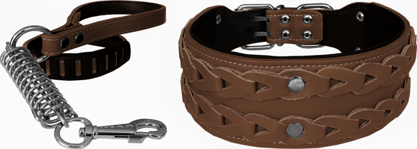 Markapet Elegance Deri İşlemeli Lüks Köpek Tasma Seti XL 7 cm*60-68 cm Kahverengi - Image 1
