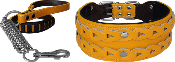 Markapet Elegance Deri İşlemeli Lüks Köpek Tasma Seti XL 7 cm*60-68 cm Sarı - Image 1