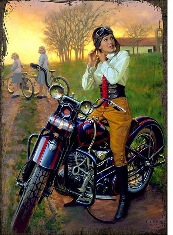 Bedeko Ahşap Tablo Motorsikletli Kadın - Image 1