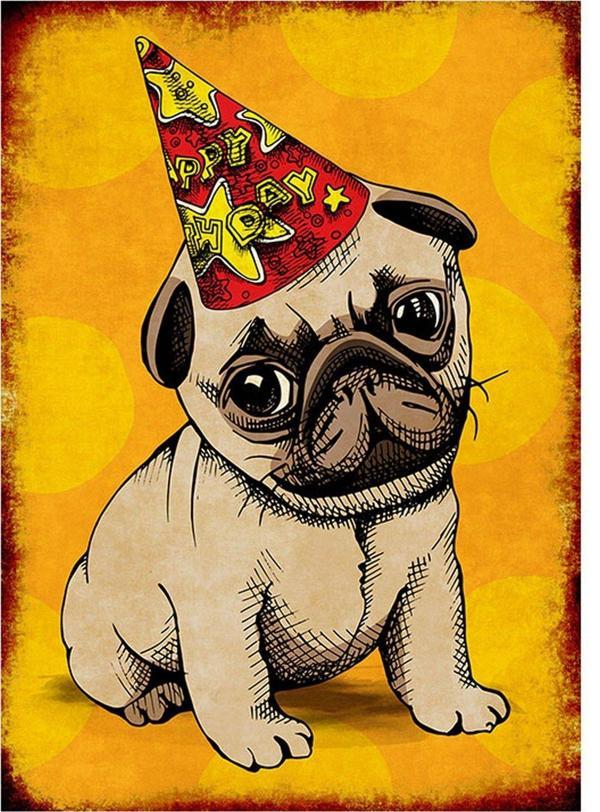 Bedeko Parti Şapkalı Pug Köpek Art Mdf Poster - Image 1