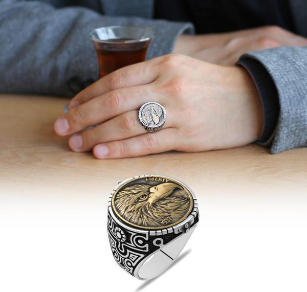 Oval Tasarım Özgürlük Kartalı Temalı 925 Ayar Gümüş Erkek Yüzük - Image 1