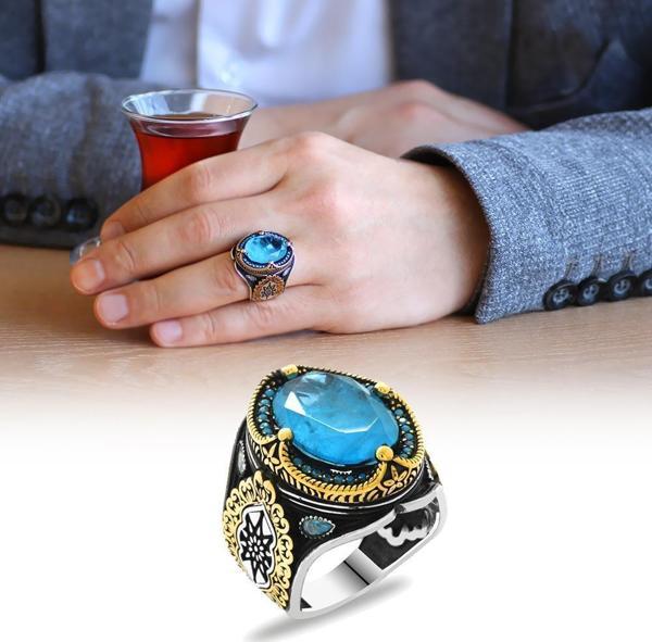 Faset Kesim Aqua Paraiba Taşlı 925 Ayar Gümüş Erkek Yüzük - Image 1