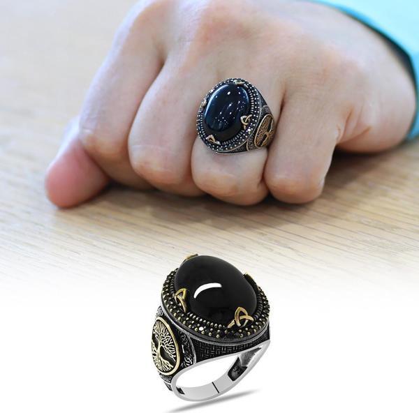 Oval Tasarım Hayat Ağacı Desenli Oniks Taşlı 925 Ayar Gümüş Erkek Yüzük - Image 1