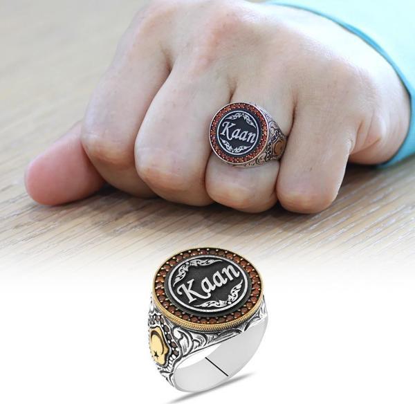 Kalem İşçilikli Ayyıldız Detaylı Kişiye Özel İsim Yazılı 925 Ayar Gümüş Erkek Yüzük - Image 1