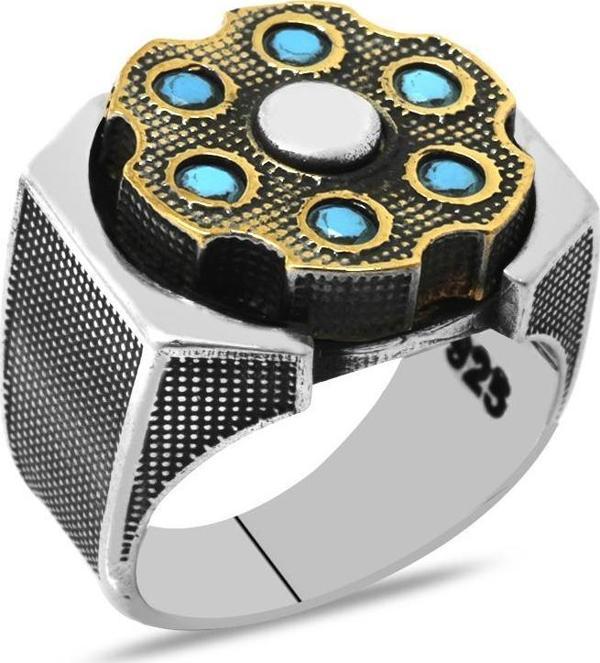 Firuze Taşlı Dönen Çark Tasarım 925 Ayar Gümüş Erkek Yüzük - Image 1