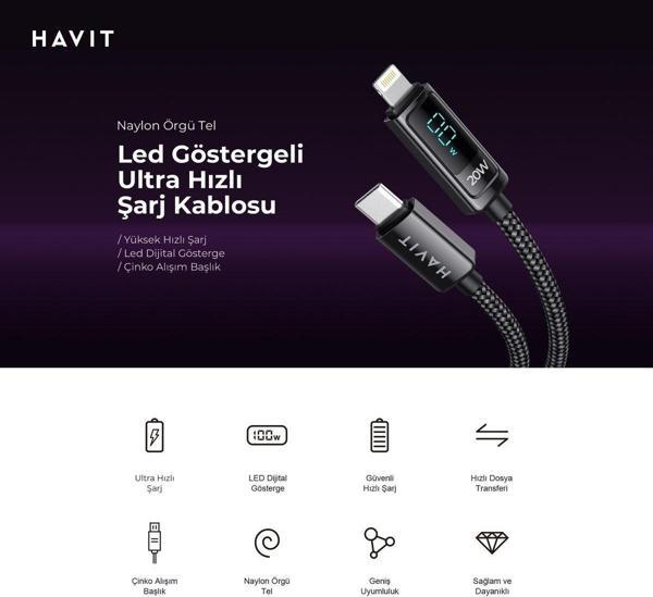 Havit CB6246 PD30W Type-C to Lightning (Iphone) Göstergeli Şarj Kablosu - Image 1