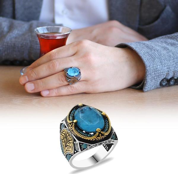 Aqua Paraiba Taşlı Kenarları Kalem İşçilik Detaylı 925 Ayar Gümüş Erkek Yüzük - Image 1