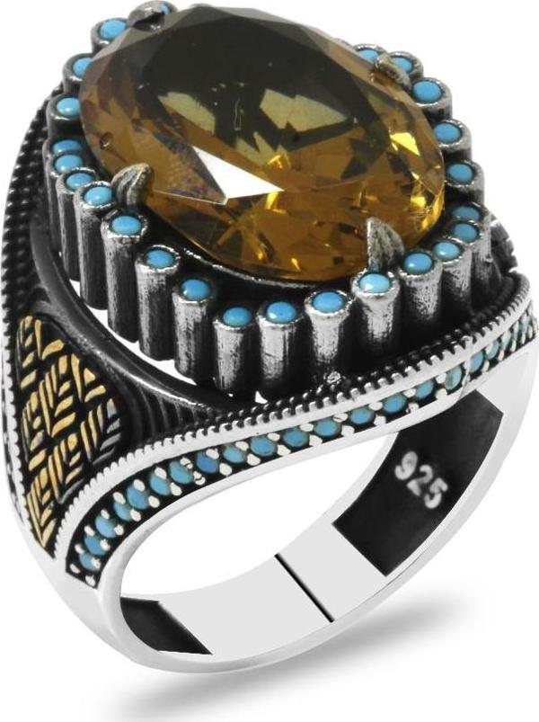 Faset Kesim Zultanit Taşlı Yanları Firuze Taş Mıhlamalı Başak Motifli 925 Ayar Gümüş Erkek Yüzük - Image 1