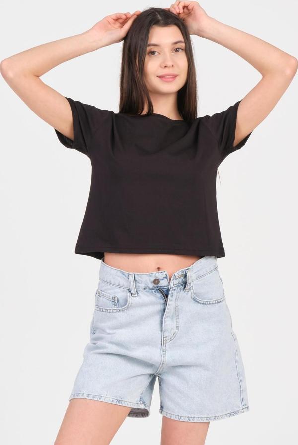 As Collection Siyah Bisiklet Yaka Kısa Kol Örme Kadın Crop - Image 1