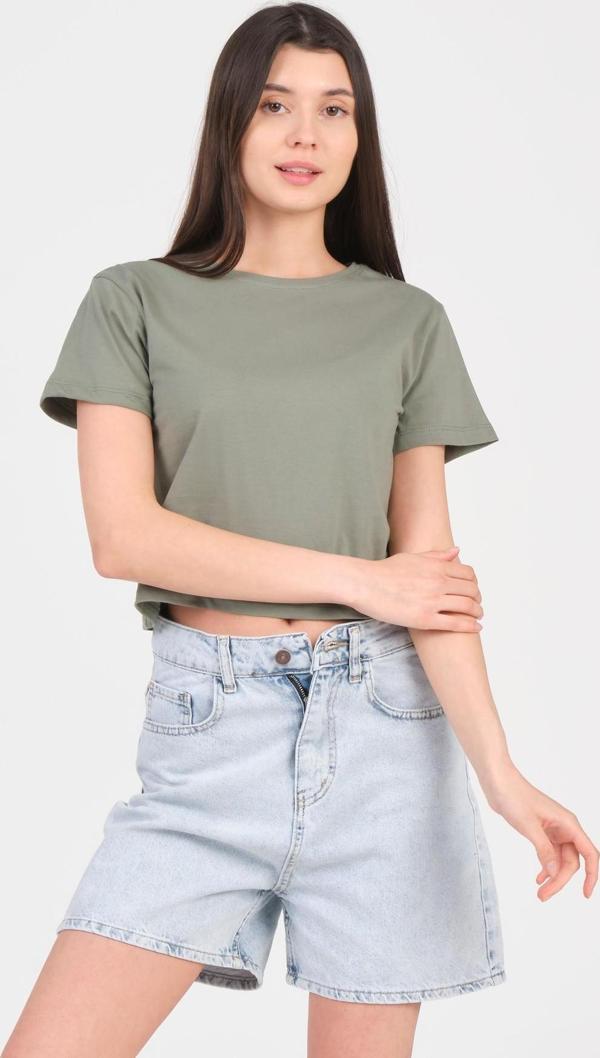 As Collection Yeşil Bisiklet Yaka Kısa Kol Örme Kadın Crop - Image 1