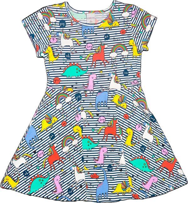 Rainbow Unicorn Kız Çocuk Desenli Kısa Kollu Elbise - Image 1