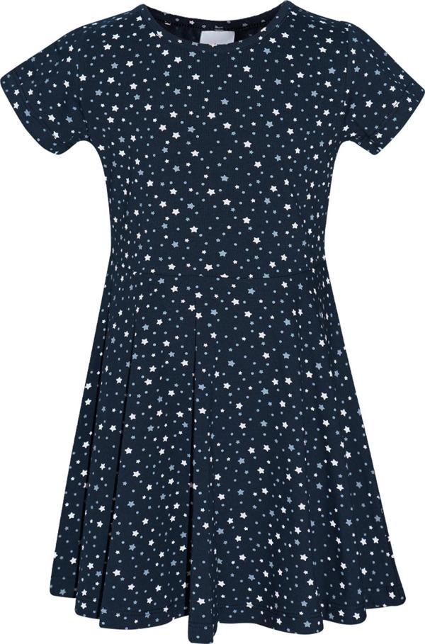 Koyu Lacivert Little Stars Kız Çocuk Desenli Kısa Kol Elbise - Image 1