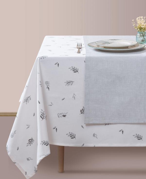 Cotton Box Baskılı Masa Örtüsü Seti Yaprak Gri 160x180 - Image 1