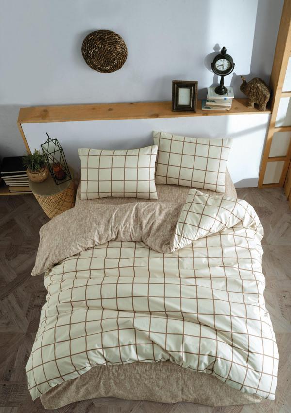 Cozy Home Çift Kişilik Lastikli Çarşaflı Nevresim Takımı Kare Krem - Image 1