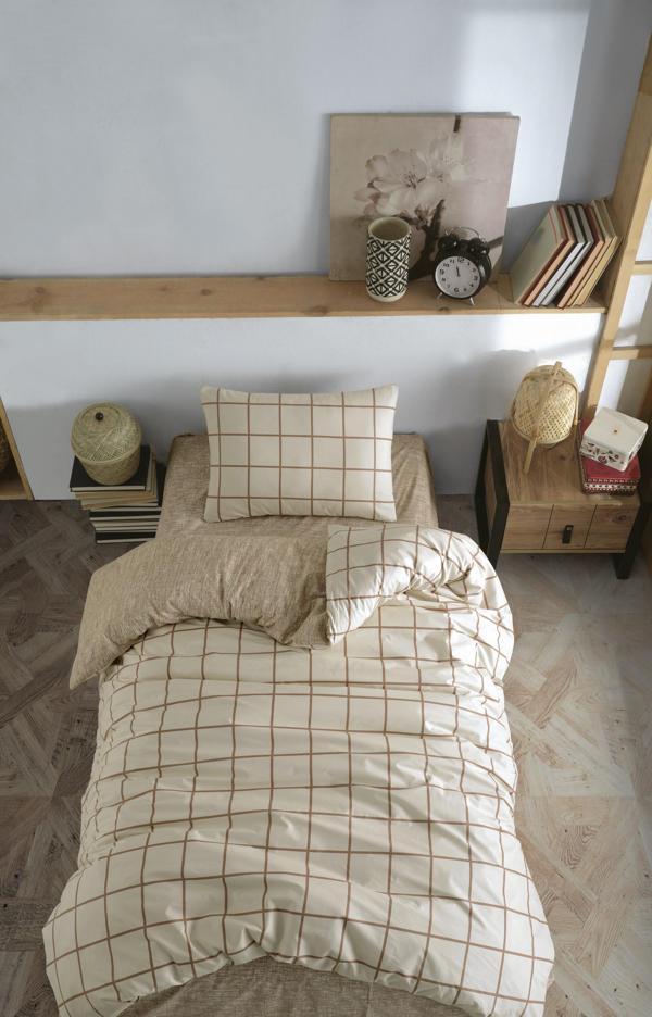 Cozy Home Tek Kişilik Lastikli Çarşaflı Nevresim Takımı Kare Krem - Image 1