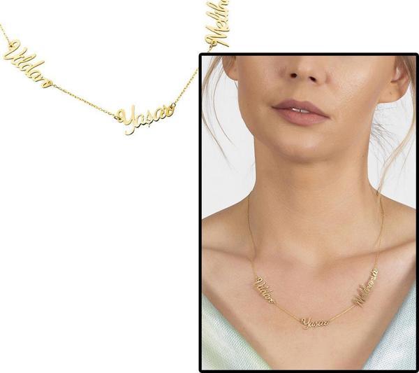 Kişiye Özel Üç İsim Yazılı Gold Renk 925 Ayar Gümüş Bayan Kolye - Image 1