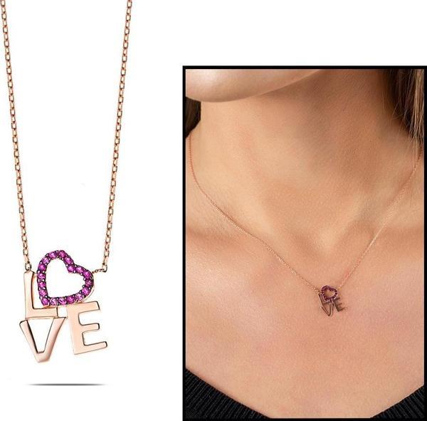 Pembe Zirkon Taşlı Love-Kalp Tasarım 925 Ayar Gümüş Bayan Kolye - Image 1